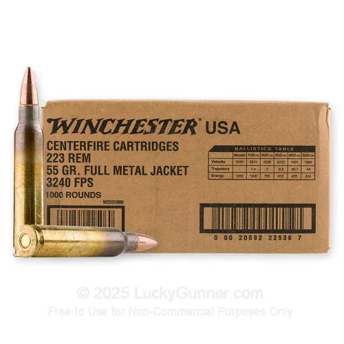 223 Rem – 55 Grain FMJ – Winchester USA – 1000 Rounds