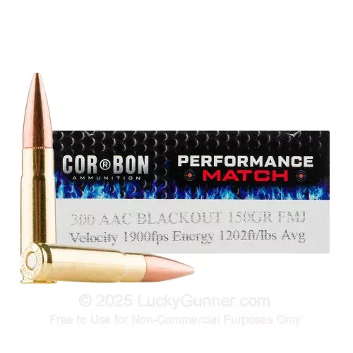 300 AAC Blackout – 150 Grain FMJ – Corbon Performance Match – 20 Rounds