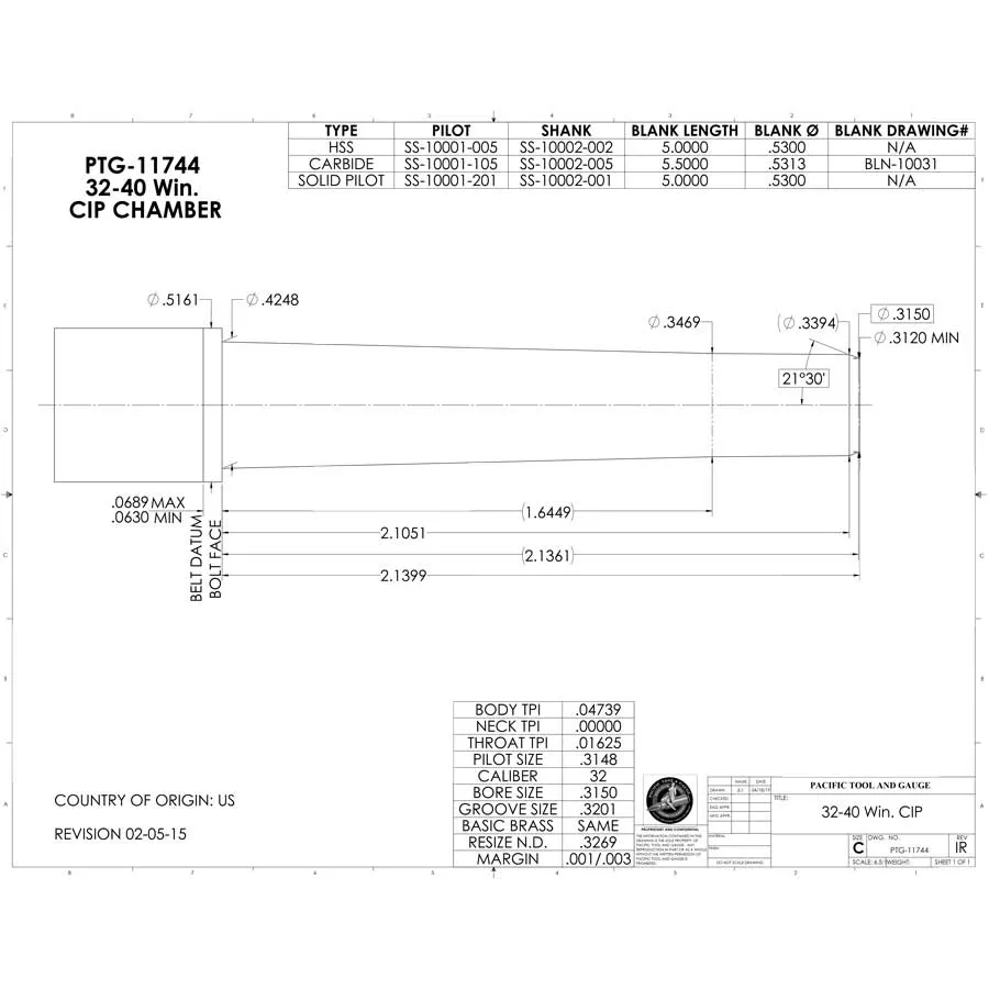 32 - 40 Win. CIP Finish Chamber Reamer