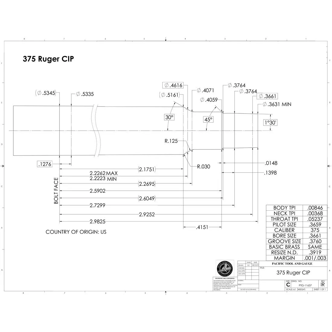 375 Ruger CIP Finish Chamber Reamer
