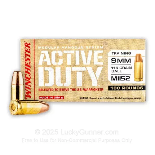 9mm – 115 Grain FMJ M1152 – Winchester Active Duty – 100 Rounds