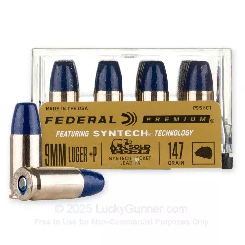 9mm – +P 147 Grain Syntech Jacketed Hard Cast – Federal Solid Core – 20 Rounds