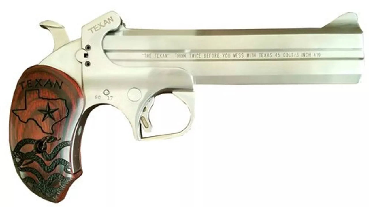 Bond Arms, The Texan, Derringer, 410 Ga 3″/45 Long Colt, 6″ Barrel, Stainless Steel, With Trigger Guard, Fixed Sights, Rosewood Grips, 2Rd