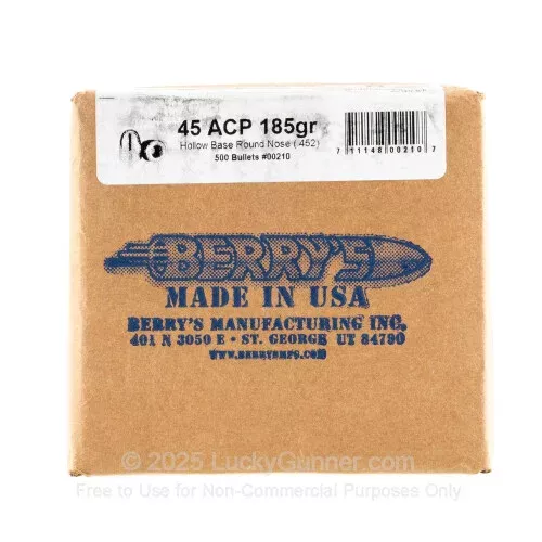 Bullets – 45 ACP (.452) – 185 Grain Plated HB RN – Berry’s – 250