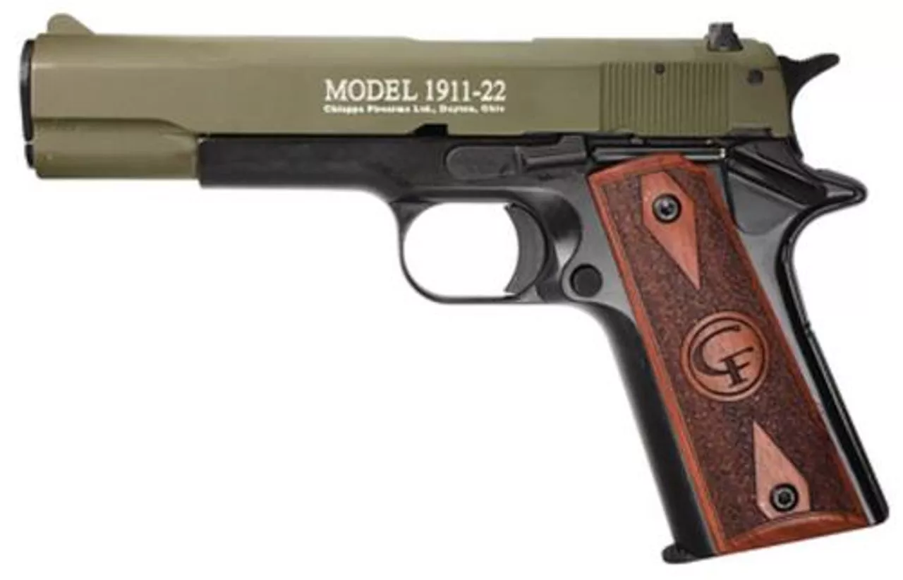 Chiappa Standard 1911 22LR 5″ Barrel Olive Drab Slide, Black Frame 10 Round Mag