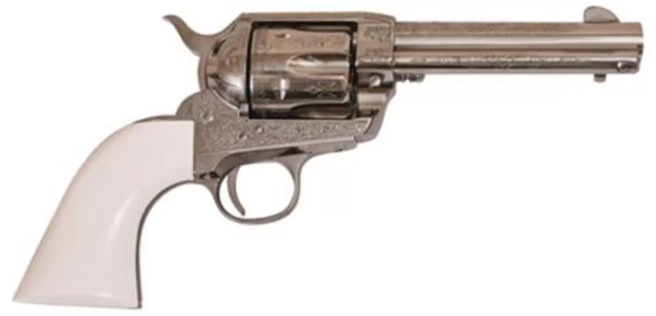 Cimarron Firearms Frontier .45 Long Colt 4.75″ Barrel Nickel Finish PW Laser Engraved Poly Ivory Grip