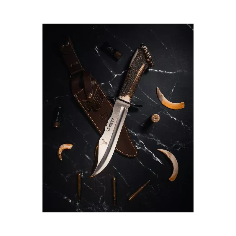 CUDEMAN - BOWIE 24.5CM BLADE, POLISHED STAG ROSETT HANDLE W /SHEATH (294-C)