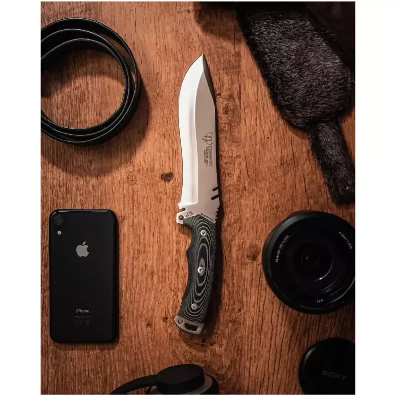 CUDEMAN CLIP POINT TACTICAL 15CM BLACK COATED BLADE BLACK MICARTA WITH RED LINERS /LEATHER SHEATH+COMPASS