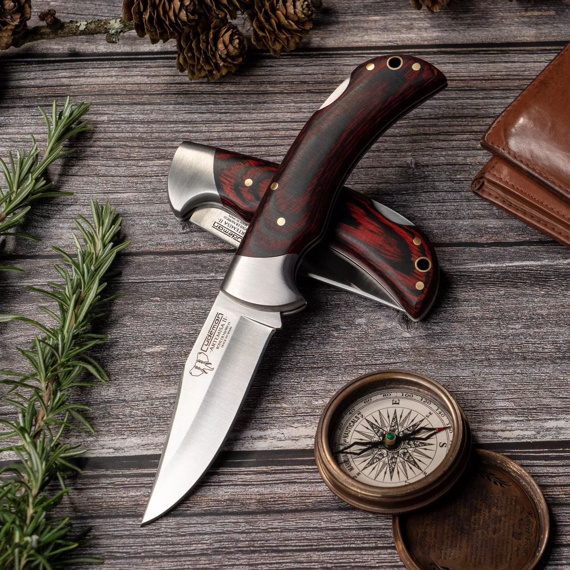 CUDEMAN – FOLDING SKINNER 9.5CM DROP POINT BLADE, POLISHED STAMIN WOOD HANDLE/ NO SHEATH