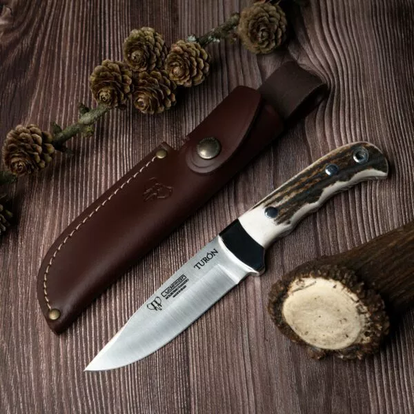 CUDEMAN – SKINNER 11CM DROP POINT BLADE, POLISHED DEER ANTLER HANDLE/ LEATHER SHEATH 2