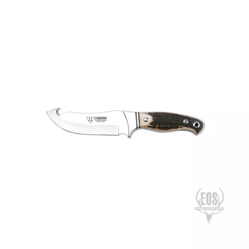 CUDEMAN – SKINNER 13CM GUT HOOK BLADE, POLISHED DEER ANTLER HANDLE/ LEATHER SHEATH