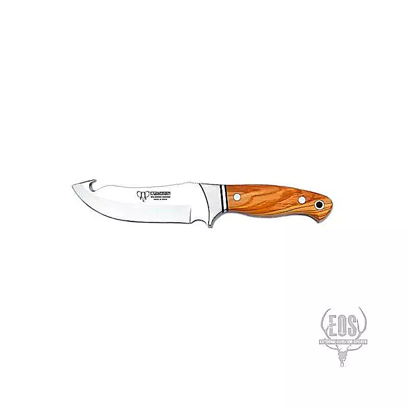 CUDEMAN – SKINNER 15CM GUT HOOK BLADE, SATIN OLIVE WOOD HANDLE/ LEATHER SHEATH