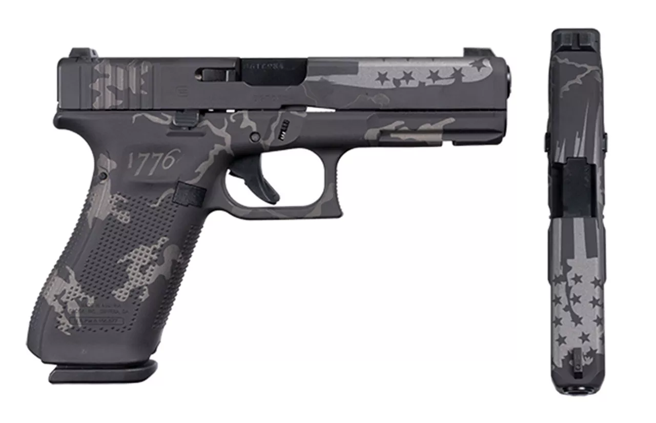 Glock 17 Gen 5 9mm, Apollo Custom, 4.5″ Barrel, Black & Gray Flag W/1776 Camo, 3x 17rd