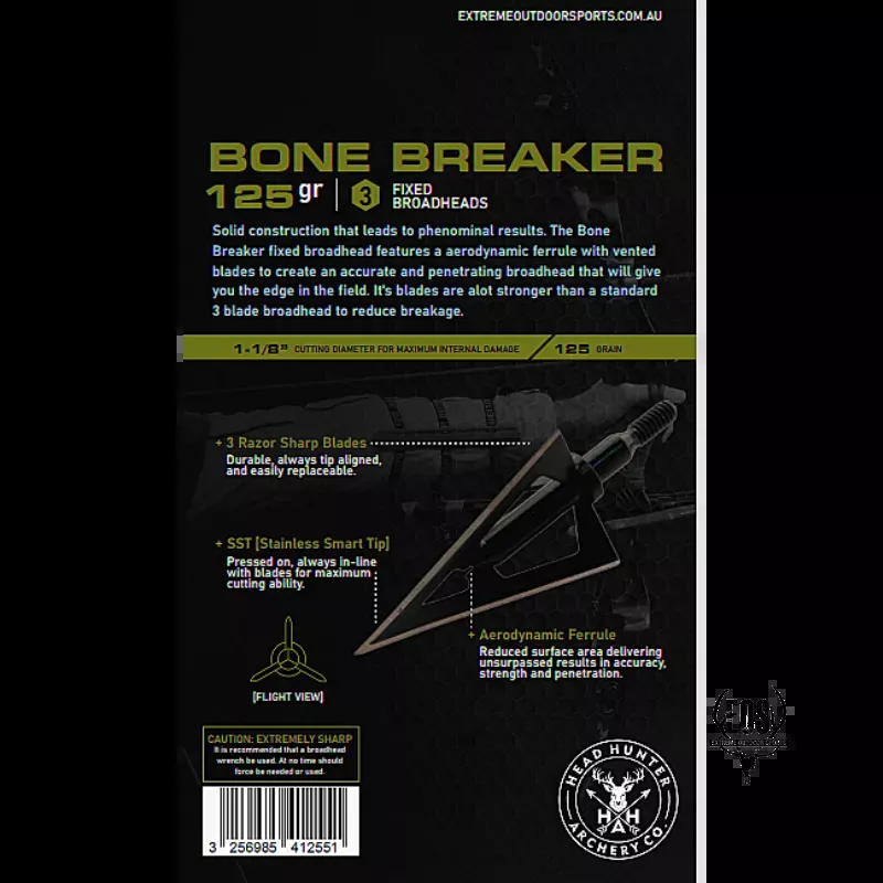 HEADHUNTER ARCHERY BROADHEADS - BONE BREAKER SOLID 3 BLADE 125GR (6PK)