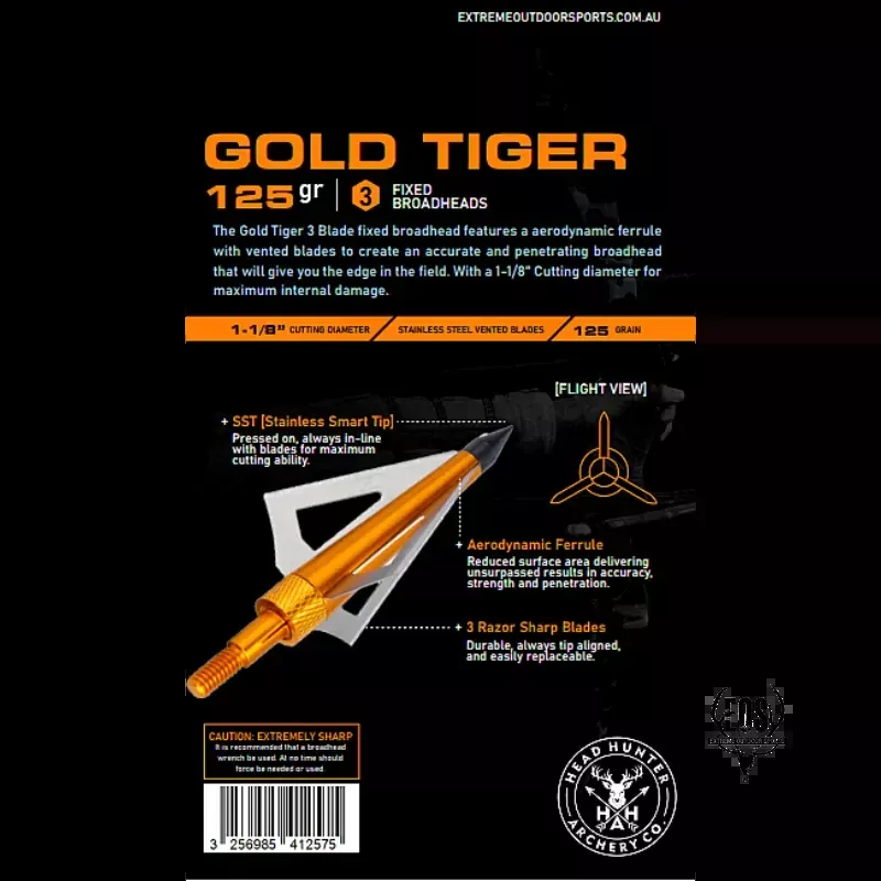 HEADHUNTER ARCHERY BROADHEADS - GOLD TIGER 3 BLADE 125GR (6PK)