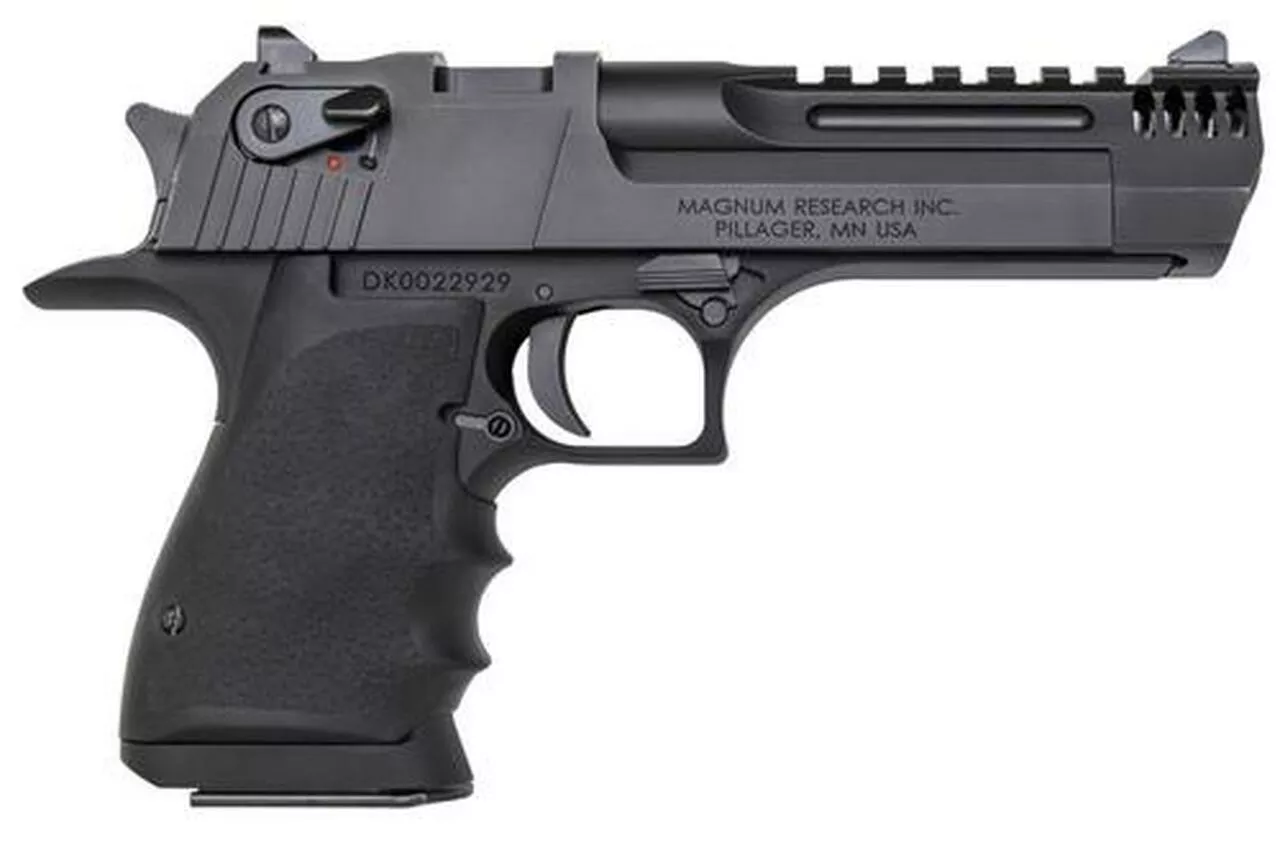 Magnum Research Desert Eagle L5 44 Mag, 5″ Barrel w/Integral Muzzle Brakel, Black Finish, Hogue Soft Rubber Grips w/Finger Grooves, 8Rd Mag