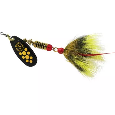 Mepps Black Fury Dressed – Yellow Dot Blade with a Grey/Yellow Tail