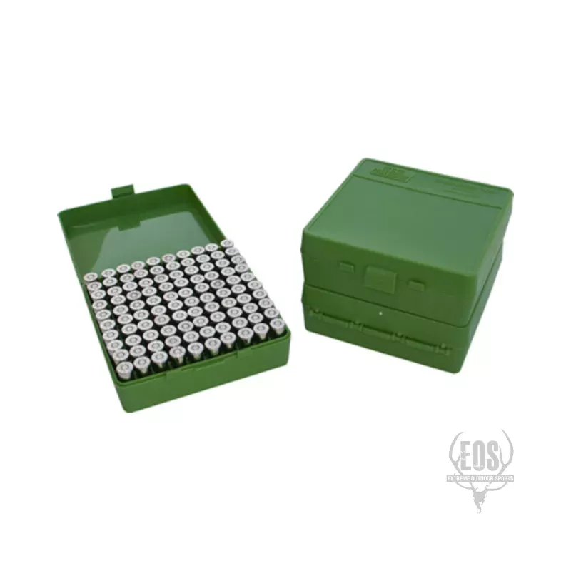 MTM PISTOL AMMO BOX 100 ROUND FLIP-TOP 44 MAG, 45COLT - GREEN