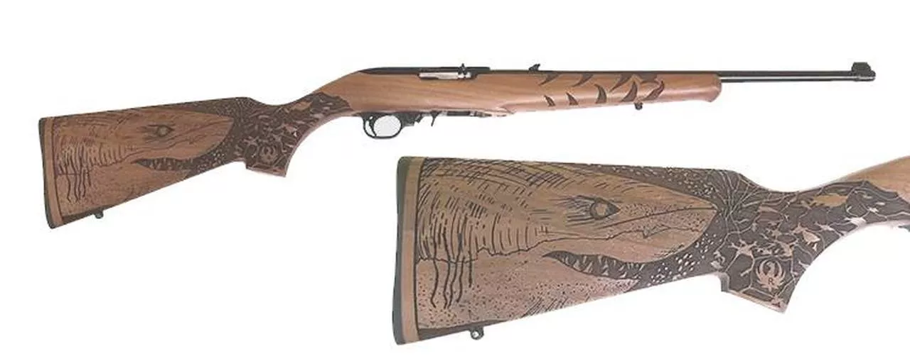 Ruger 10/22 Great White Shark, 18.5″ Barrel, Engraved French Walnut Stock, Blued Finish