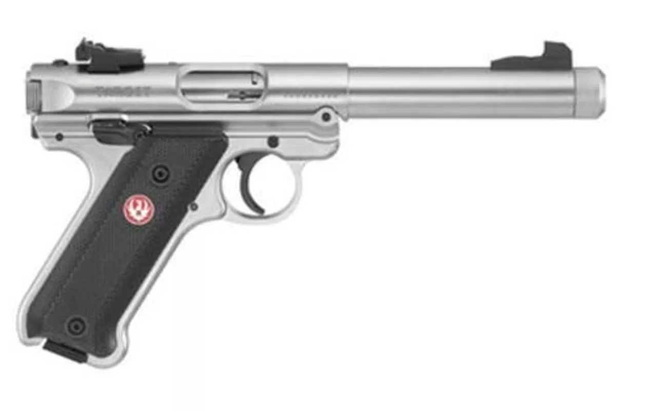 Ruger Mark IV Target, 22LR, 5.5″, 10rd, Stainless Steel, Adjustable Rear Sight, Checkered Grip