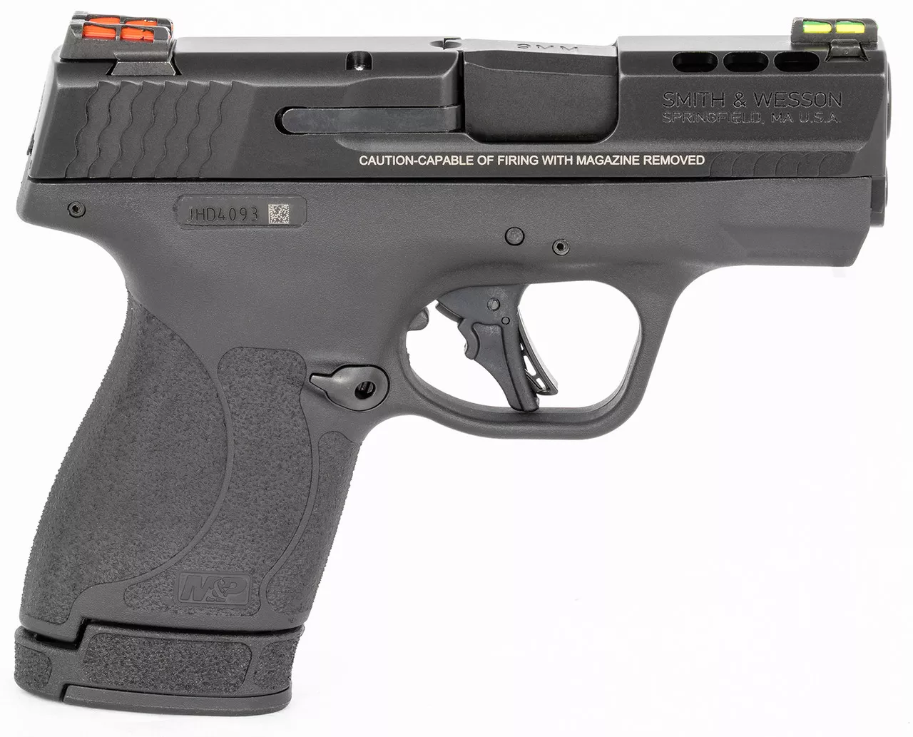 Smith & Wesson, Shield Plus, Performance Center, Striker Fired, Micro Compact, 9mm, 3.1″ Ported Barrel, Polymer Frame, Thumb Safety, Fiber Optic, Flat Face Trigger, 2 Mags, 1-10Rd 1-13Rd, Black