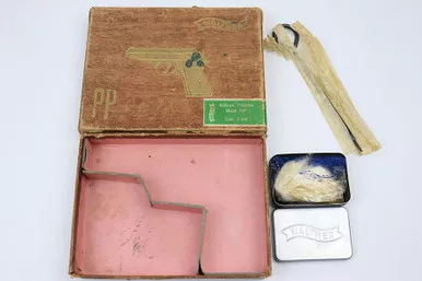 SOLD - Walther PP Box, Cleaning Rod, & Tin