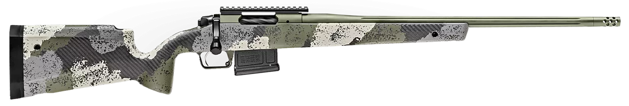 Springfield Model 2020 Waypoint 6.5MM Creedmoor, 22″ Fluted Stainless Barrel, SA Radial Brake, Green, Mil-Spec Green Cerakote, Evergreen Camo Adj Carbon Fiber Stock M-LOK, TriggerTech Adj Trigger, AICS 5rd Mag