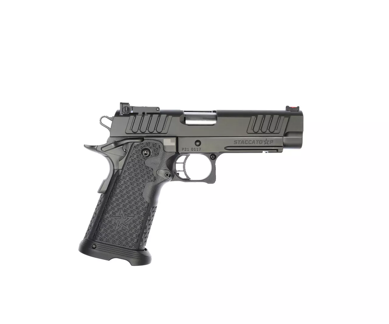 Staccato P 9mm, 4.4″ Bull Barrel, SS Barrel, Dawson Precision FO Front, DLC, 20rd