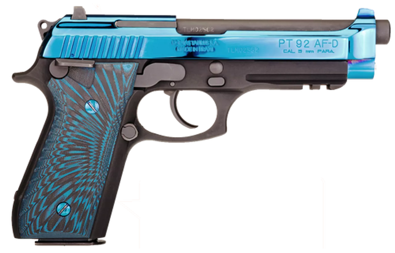 Taurus 92 9mm, Polished PVD Blue Slide, G10 Blue and Black Grips, 17rd