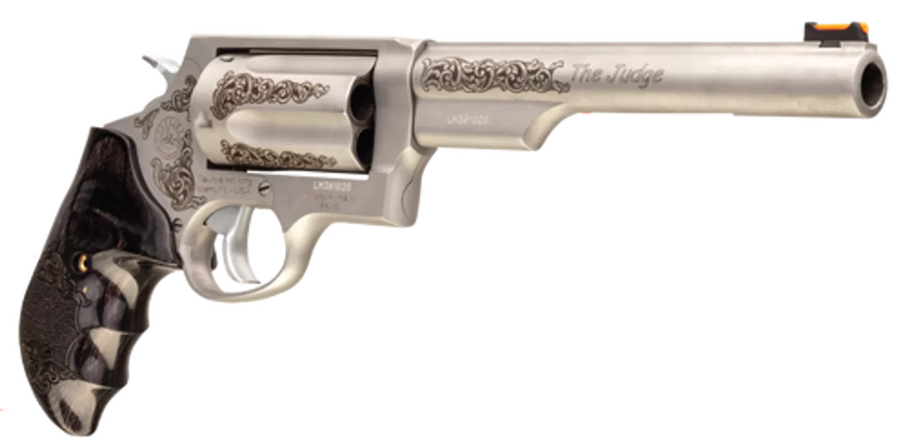 Taurus Judge Engraved 410 Ga/45 Colt, 6.5″ Barrel, Dymondwood Grip, Stainless, 5rd